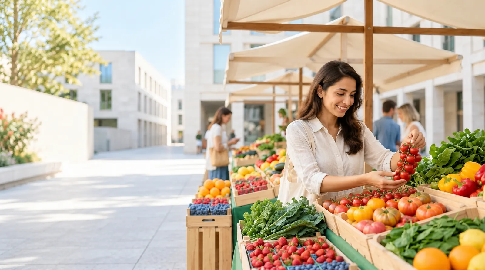 Woman choosing fresh tomatoes at an outdoor market stall full of fruit and vegetables